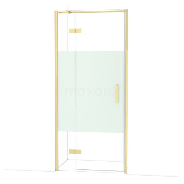 Diamond Shower door | 90 cm Glossy light gold Clear with matt strip Pivot door DDB21362313GLG Glazen douchedeur met mat gouden frame, halfmat glas en minimalistisch design voor een stijlvolle badkamer.