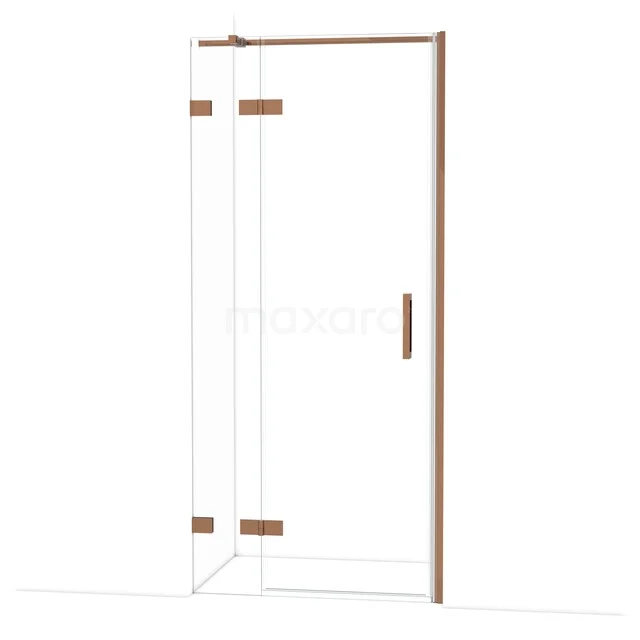 Glas Duschkabine mit kupferfarbenen Akzenten, Eckmodell mit klarem Design, ideal für einen luxuriösen Badezimmerstil.