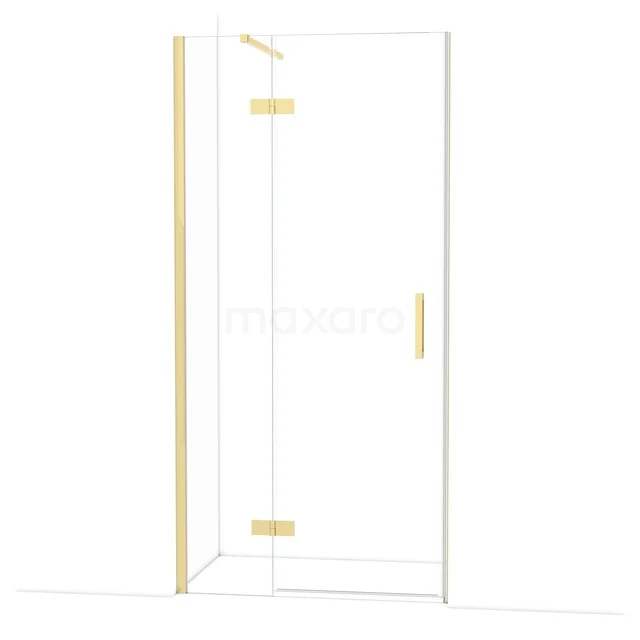 Glass shower door with gold-coloured hinges and handle, stylish design for a modern bathroom.