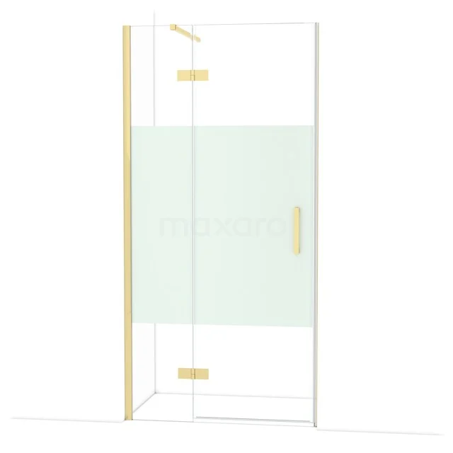 Glasene Duschtür mit goldfarbenen Scharnieren und Haltegriff, elegantes Design für einen luxuriösen Badezimmerstil.