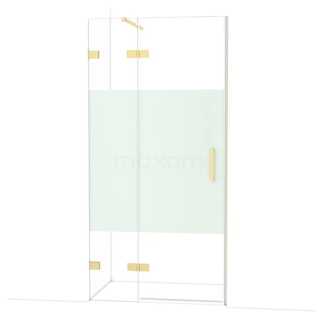 Glazen douchecabine met gouden accenten, hoekmodel met schuifdeur, perfect voor een moderne badkamerstijl.
