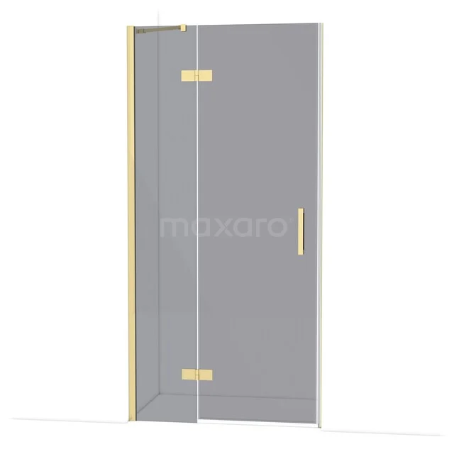 Douchedeur met gouden accenten, helder glas en strak design; elegante badkameroplossing voor moderne interieurs.