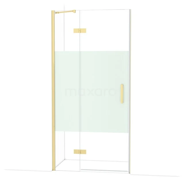 Glas-Duschwand mit goldfarbenen Scharnieren, Mattglas-Akzent und Tür; stilvolle Ergänzung zu modernen Bädern.