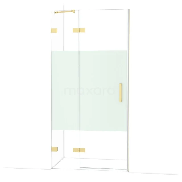 Diamond Shower door | 100 cm Glossy light gold Clear with matt strip Pivot door DDB21461223GLG Glazen hoekdouche met mat wit middenpaneel, messing scharnieren en handgreep, elegant design voor moderne badkamers.