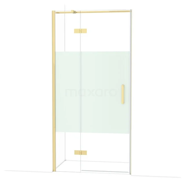 Glass shower door with frosted middle section, gold-coloured edges and hinges, suitable for modern bathrooms.