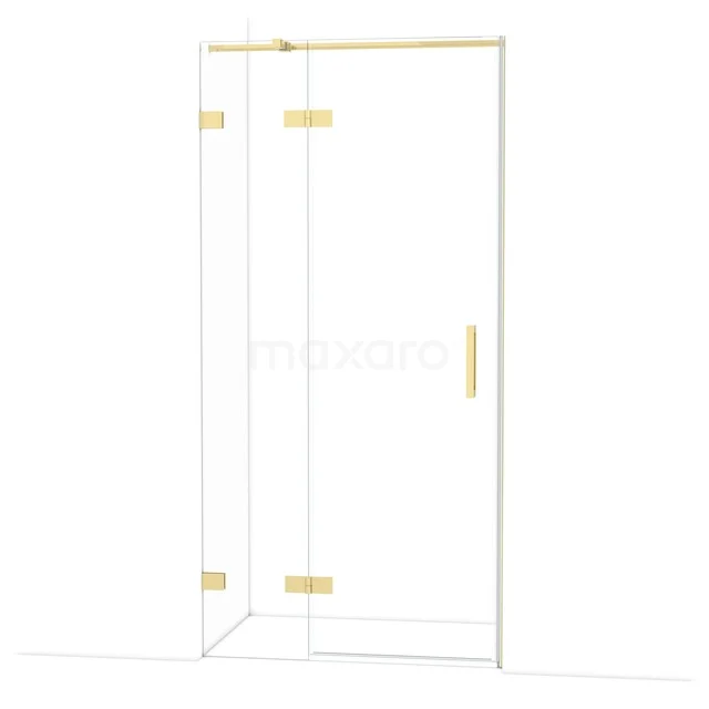 Shower cabin with gold-coloured hinges and glass walls, modern design, ideal for a stylish bathroom decor.