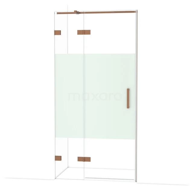 Douchecabine met helder glas, mat witte strook, koperen scharnieren en handgreep. Modern design voor stijlvolle badkamers.