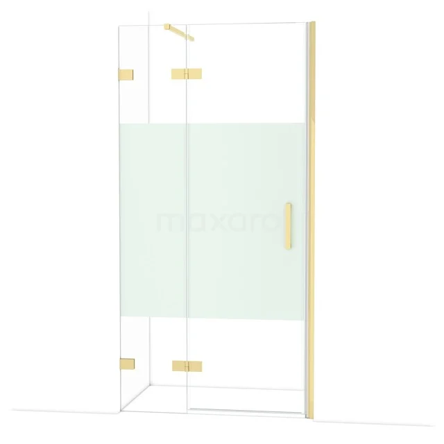 Glass shower cabin with gold-coloured accents, folding doors and frosted glass detail, ideal for a stylish bathroom.