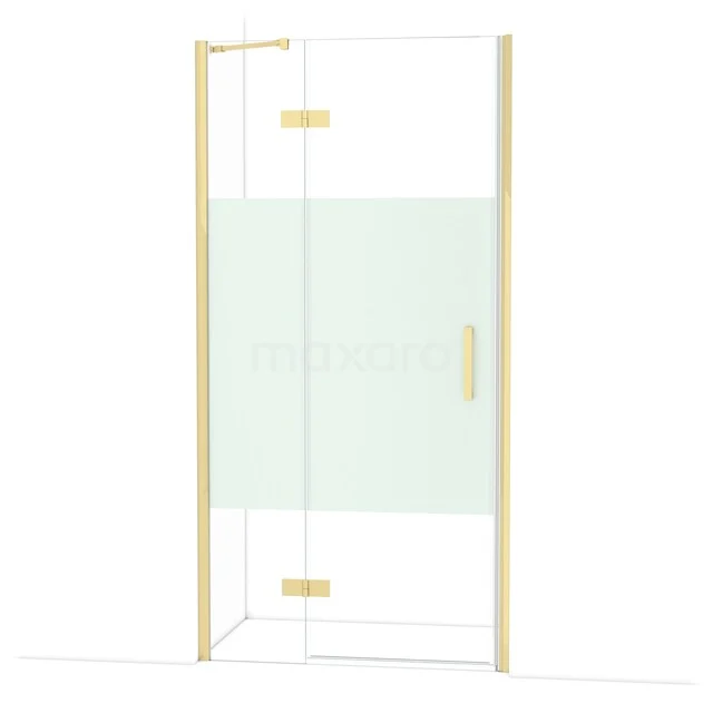 Duschtür mit goldenem Rahmen, Klarglas und einem matten zentralen Paneel. Elegante und moderne Badezimmerlösung.