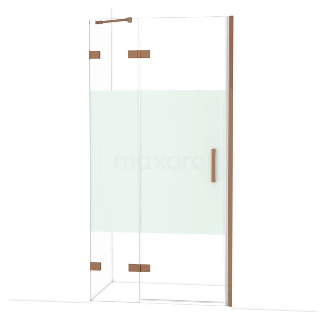 Glasene Duschtür mit mattem Glaspaneel, Eckmodell, Messingscharniere und Haltegriff; ideal für ein modernes Badezimmer.