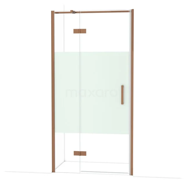 Glazen douchedeur met matglasstrook en koperkleurig frame; stijlvol badkamerdesign voor moderne douchecabines.