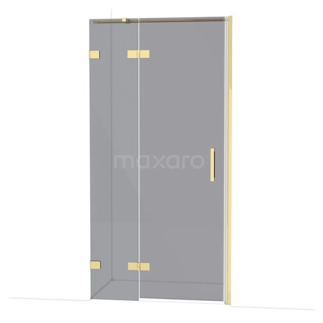 Glass shower door with gold-coloured hinges and handle, modern design for luxury bathroom decor.