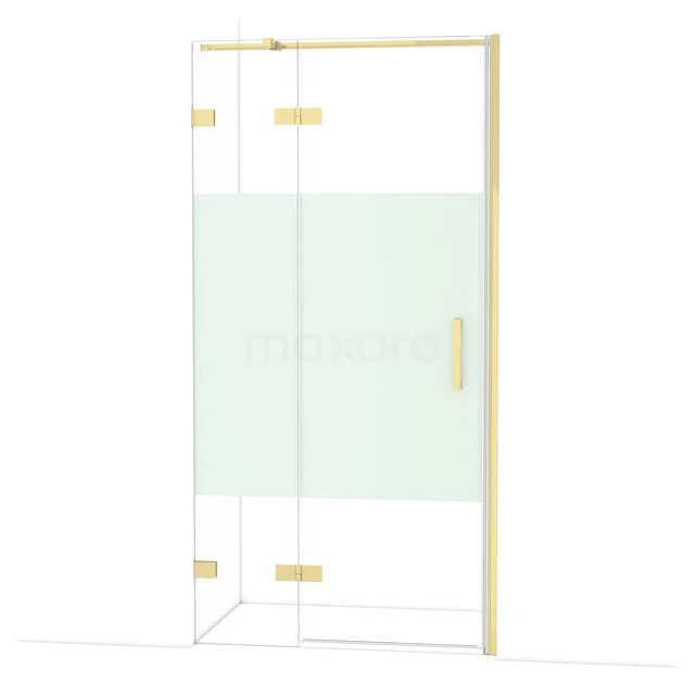 Glass shower door with gold accents, clear glass and matte section, elegant design for modern bathroom.