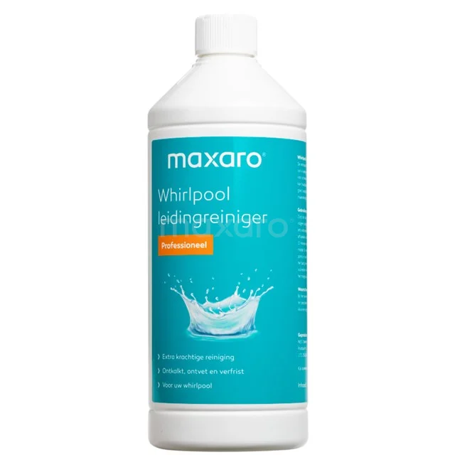 Maxaro Whirlpool Reiniger Flasche, 1 Liter, klar weiß mit türkisfarbenem Etikett, ideal für hygienische Badezimmerpflege.