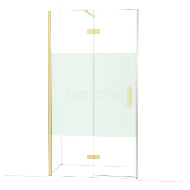 Glass shower wall with gold accents, modern design, suitable for luxury bathroom interiors.