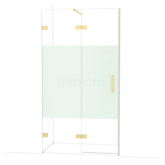 Douchecabine met goudkleurige accenten en glazen panelen, moderne stijl, perfect voor een luxe badkamer.