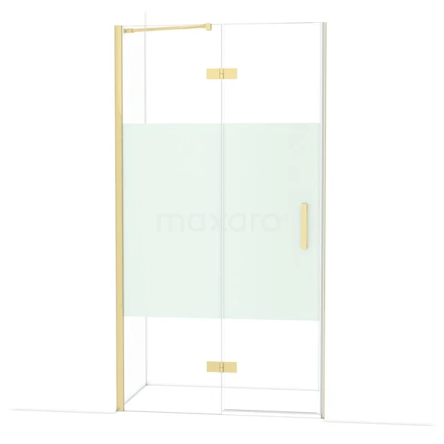 Diamond Shower door | 110 cm Glossy light gold Clear with matt strip Pivot door DDB21651213GLG Glazen douchewand met goudkleurige accenten, hoekmodel, helder glas met mat gedeelte; stijlvolle badkameroplossing.