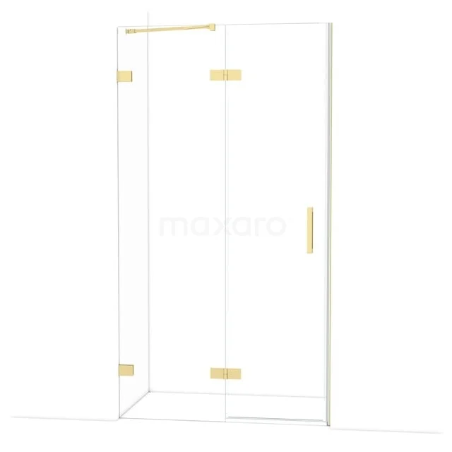 Eckdusche mit Glaswänden, goldfarbigen Akzenten und minimalistischem Design. Perfekt für ein modernes Badezimmer.