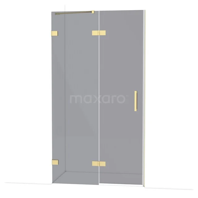 Glass shower door with gold accents, modern design, perfect for a stylish bathroom.