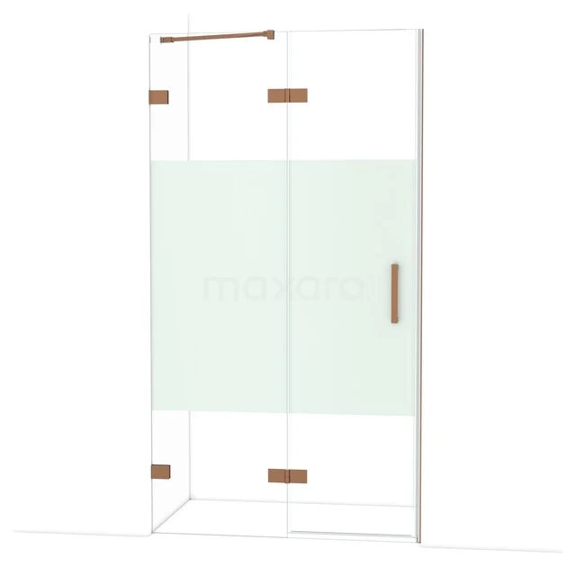 Duschwand mit kupferfarbenen Akzenten, Mattglasstreifen und klaren Linien, perfekt für einen modernen Badezimmerstil.