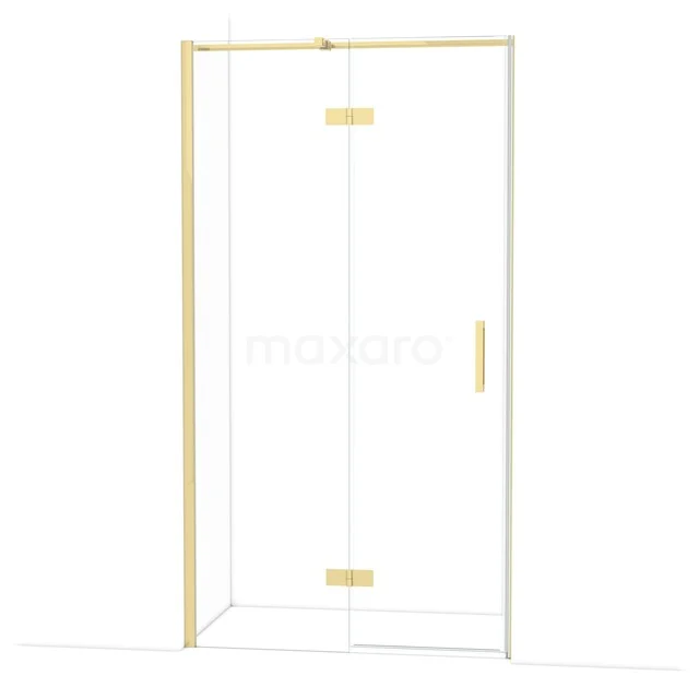 Gold-coloured glass shower door with a frameless design and stylish brass details, perfect for a modern bathroom.