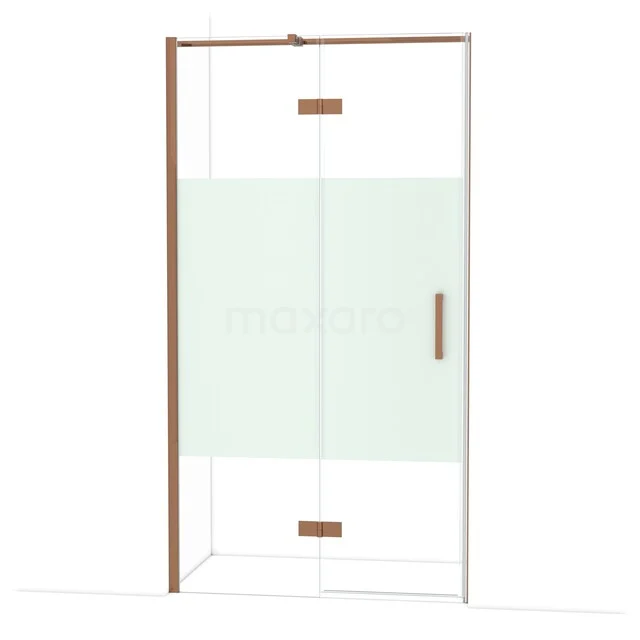 Diamond Shower door | 110 cm Shiny copper Clear with matt strip Pivot door DDB21651313GKP Douchedeur met helder glas, rosegoud aluminium profiel en matglas details, moderne badkamerstijl.