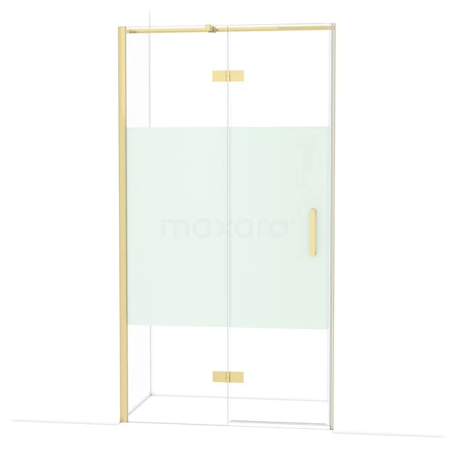 Glazen douchedeur met goudkleurige omlijsting, mat glasdetail en modern ontwerp voor stijlvolle badkamerinrichting.