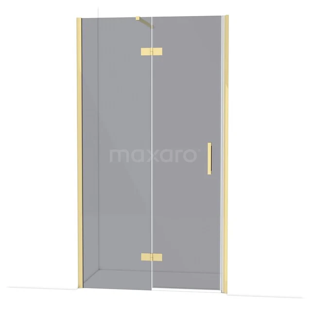Glass shower door with gold-coloured framing, sleek design and hinges, ideal for a modern bathroom style.