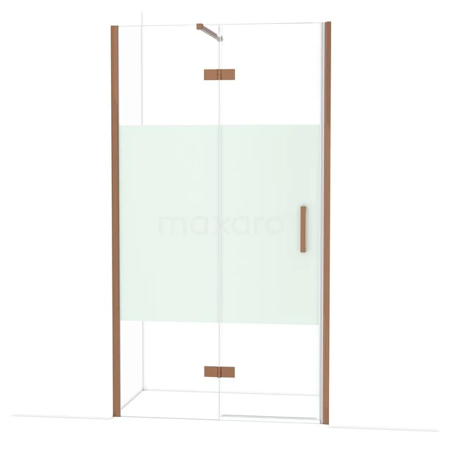 Glass shower cabin with copper-coloured profiles and frosted glass details, ideal for a stylish bathroom.