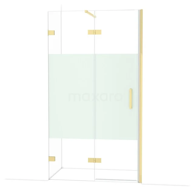 Golden shower wall with frosted glass and clear glass, modern design, ideal for a stylish and luxurious bathroom decor.