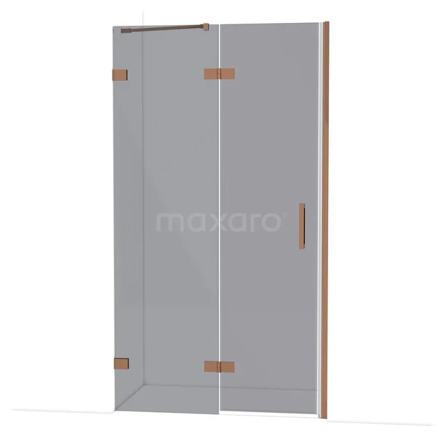 Glazen douchedeur, transparant met koperkleurige scharnieren, modern ontwerp; ideaal voor een stijlvolle badkamer.