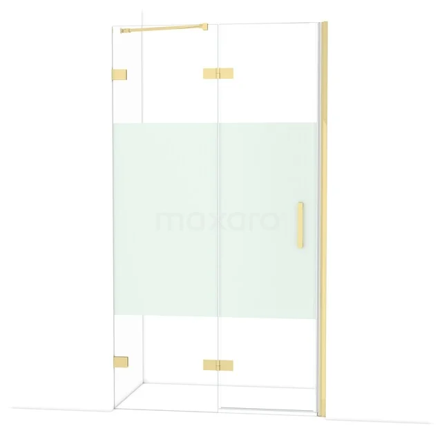 Diamond Shower door | 110 cm Shiny light gold Clear with matt strip Pivot door DDB21652223GLG Glass shower cabin with gold hinges, transparent and frosted glass, suitable for luxury bathroom decor.
