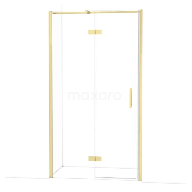 Gouden glazen douchecabine met hoekinstap, strakke afwerking en minimalistisch design voor een luxe uitstraling in de badkamer.