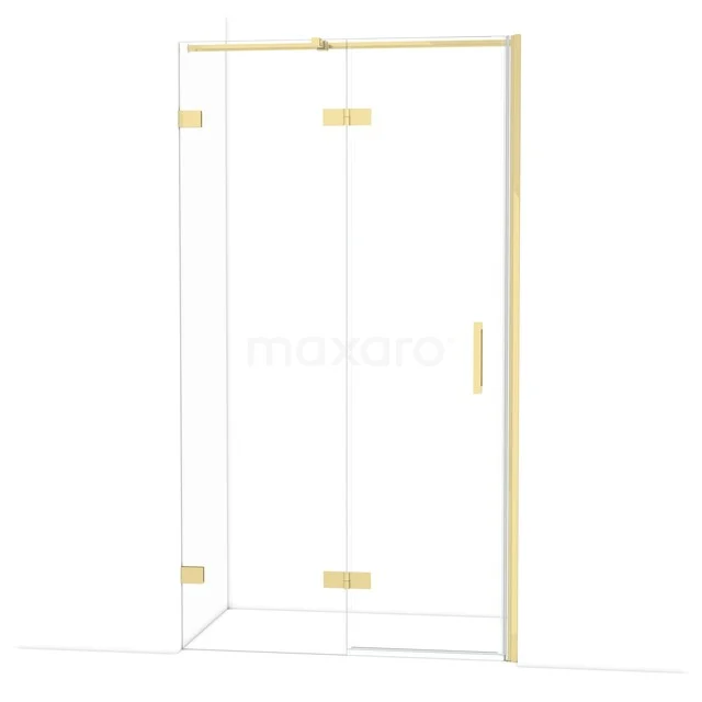Golden shower wall with corner setup, clear glass and minimalist design, perfect for a modern bathroom style.