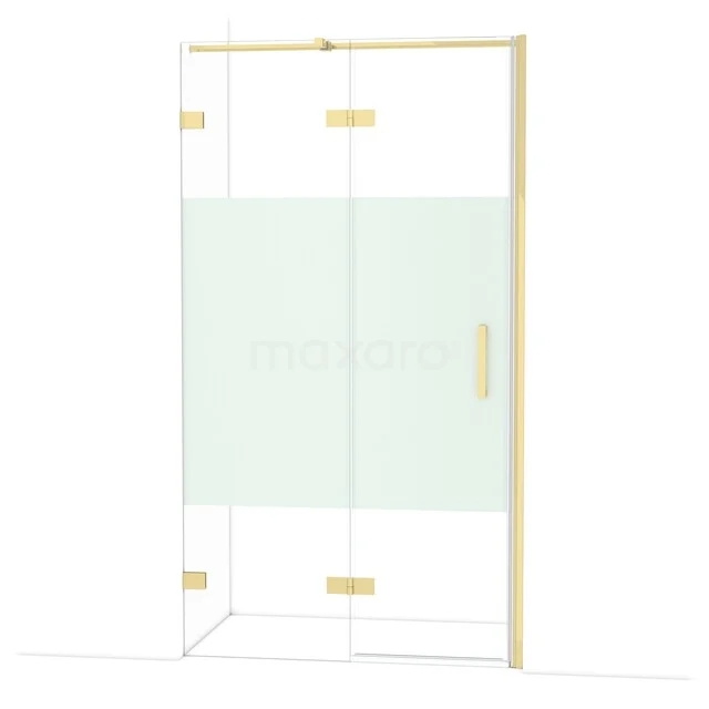 Diamond Shower door | 110 cm Glossy light gold Clear with matt strip Pivot door DDB21652323GLG Glazen douchehoek met goudkleurige profielen en matfolie, ruimtebesparend design voor een moderne badkamer.