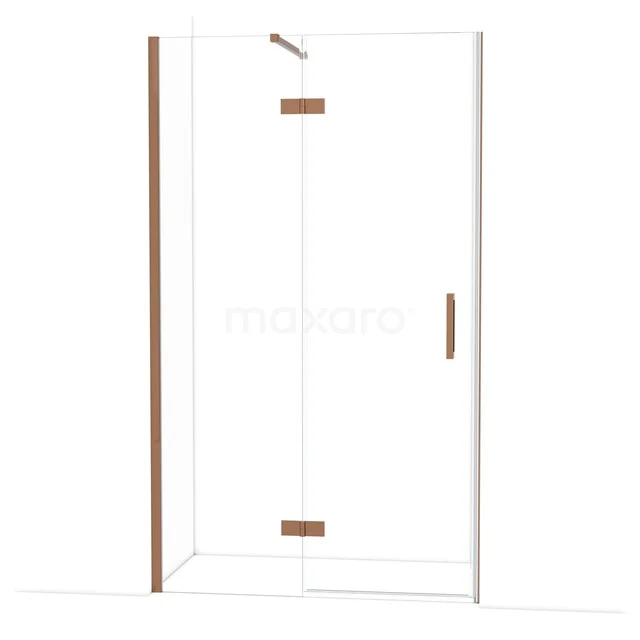 Glass shower wall with corner entry, featuring stylish copper-coloured details, perfect for a modern bathroom design.