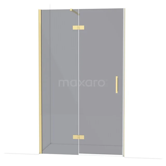 Glass shower door with gold-coloured hinges and handle, modern design, perfect for a stylish bathroom.