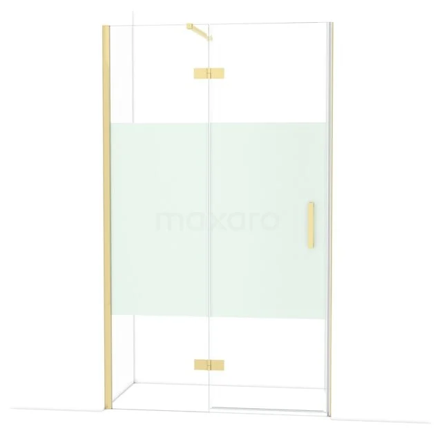 Glasdouchedeur mit goldfarbenen Scharnieren und Haltegriff, geeignet für luxuriöse Badezimmerinterieurs.