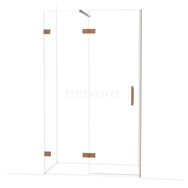Diamond Shower door | 120 cm Shiny copper Clear glass Pivot door DDB21661120GKP Douchewand met hoekopstelling van helder glas, goudkleurige scharnieren en handgreep, perfect voor een moderne badkamer.