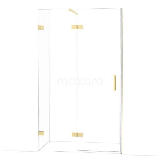 Duschkabine mit goldfarbenen Scharnieren und Türknopf, modernes Glasdesign, ideal als luxuriöse Ergänzung zum Badezimmer.