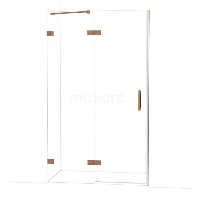Glas-Duschwand mit Kupfer-Scharniere und Haltegriff, moderner Badezimmerstil, geeignet für luxuriöse Duschaufstellungen.