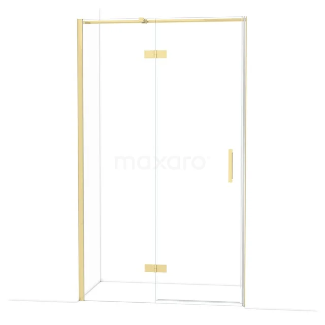 Gold-coloured glass shower door with corner installation, minimalist design and luxury finish, perfect for modern bathrooms.