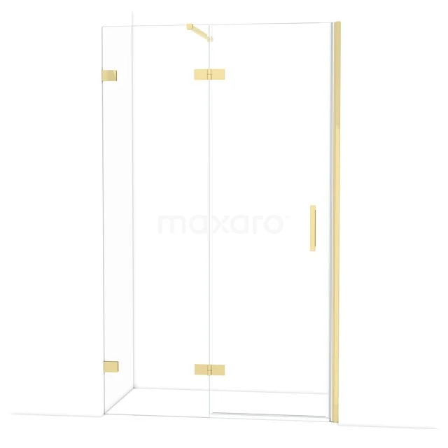 Diamond Shower door | 120 cm Glossy light gold Clear glass Pivot door DDB21662120GLG Glazen douchewand met goudkleurige scharnieren en handgreep, moderne hoekopstelling, ideaal voor luxe badkamers.
