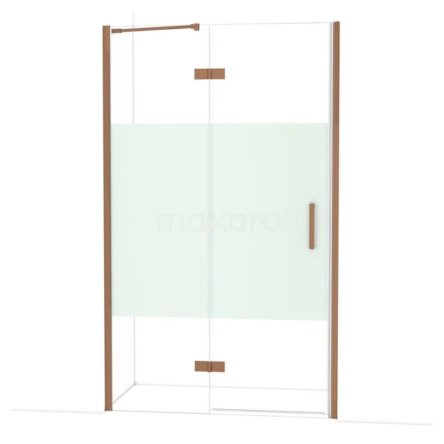 Duschwand mit mattem Glas und kupferfarbenen Details, klare gerade Linien, ideal für einen modernen Badezimmerstil.