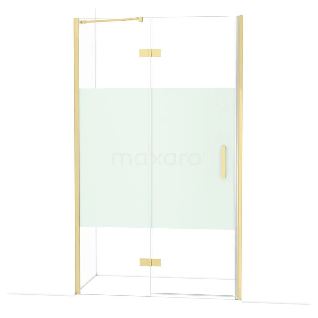 Shower enclosure with gold framing, frosted glass centre and clear glass side panels, perfect for a modern bathroom style.