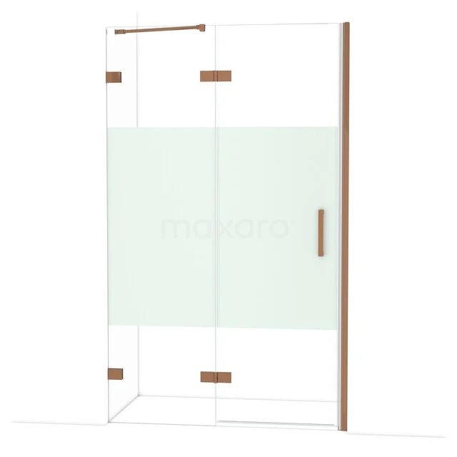 Diamond Shower door | 120 cm Shiny copper Clear with matt strip Pivot door DDB21662223GKP Glazen douchewand met mat wit middenpaneel, koperkleurige accenten en minimalistisch ontwerp voor moderne badkamers.