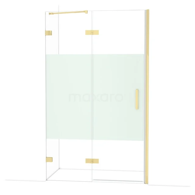 Diamond Shower door | 120 cm Shiny light gold Clear with matt strip Pivot door DDB21662223GLG Glass shower cabin with golden accents, frosted glass strip and corner entry, perfect for a luxury bathroom design.