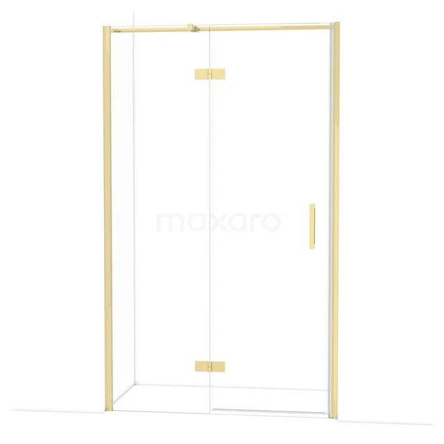 Goldfarbene Duschtür mit Glaspanelen und minimalistischem Design, perfekt als luxuriöse Ergänzung zu deiner Badezimmergestaltung.