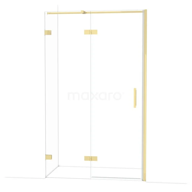 Glasene Duschkabine mit goldenen Akzenten, Eckmodell mit Scharnierdoor, ideal für eine luxuriöse Badezimmergestaltung.