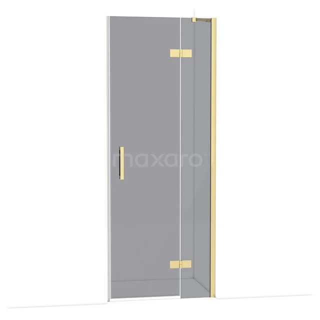 Gold glass shower door with straight lines, rotating mechanism and stylish bathroom design made of high-quality materials.